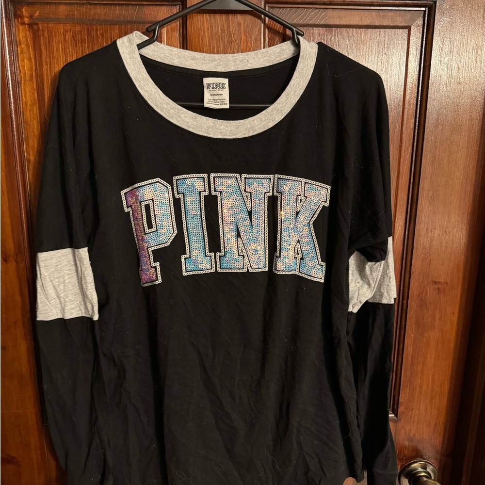 PINK Victoria's Secret Black and Gray Sequin Long Sleeve Shirt